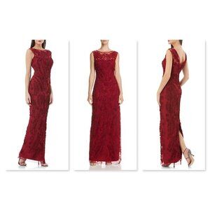 JS Collections Women's size 4 Ruby Red Chiffon Soutache Mesh Column Maxi Dress